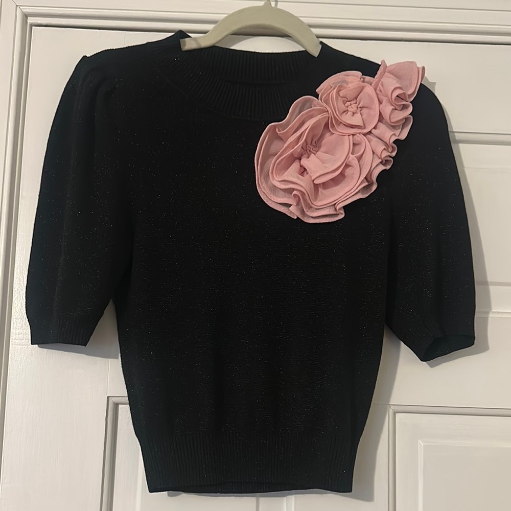 Anthropologie Black Top with Pink Floral Applique